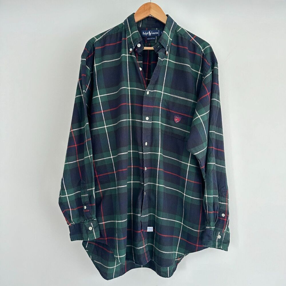 Ralph Lauren Shirt Mens Large Tartan Plaid Flannel Button Down Polo Golf Crest‎